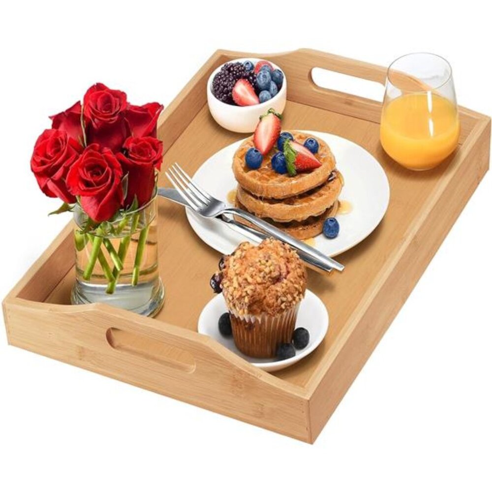 Bamboo Serving Tray With Handles Ottoman Coffee Table Couch Bed Food Tray Large